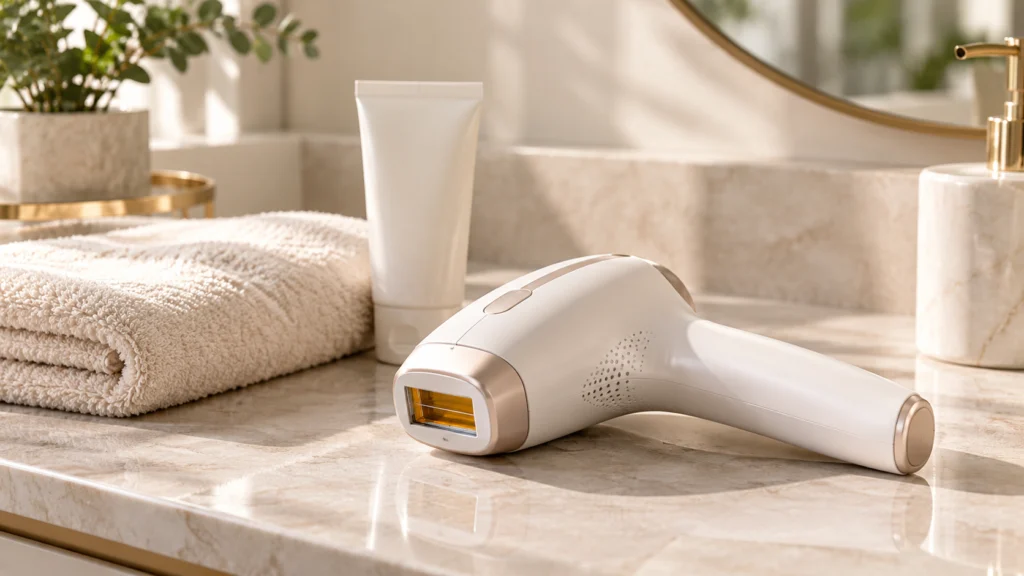 White and rose-gold at-home IPL hair removal device on a bathroom vanity beside a folded towel and skincare tube