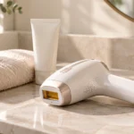 White and rose-gold at-home IPL hair removal device on a bathroom vanity beside a folded towel and skincare tube