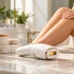 At-home IPL hair removal device on a bathroom vanity