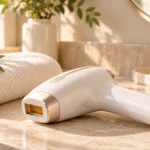 White and rose-gold IPL hair removal device resting on a sunlit bathroom vanity beside a folded towel and greenery