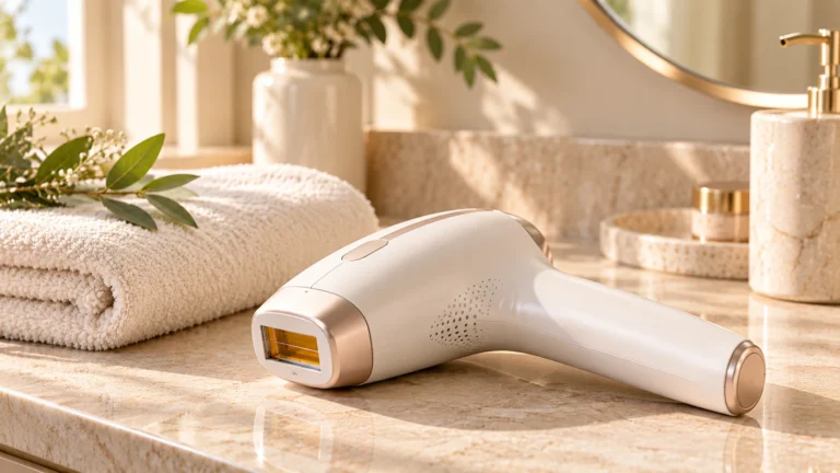 White and rose-gold IPL hair removal device resting on a sunlit bathroom vanity beside a folded towel and greenery
