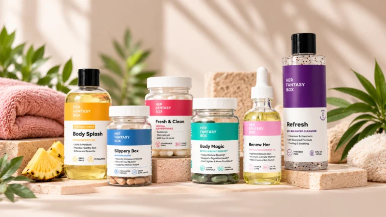 Illustrative body care products arranged for a women's self-care buying guide