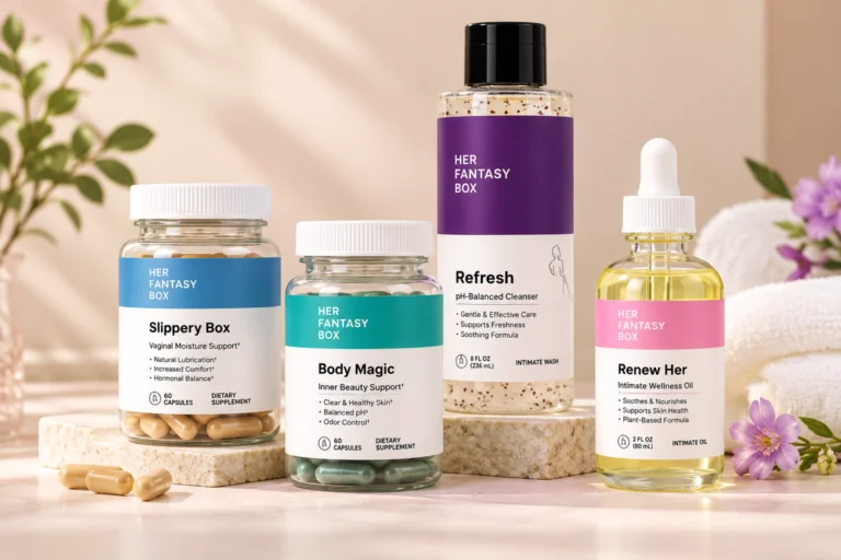 Women's body care and intimate wellness products arranged for a Her Fantasy Box reviews article
