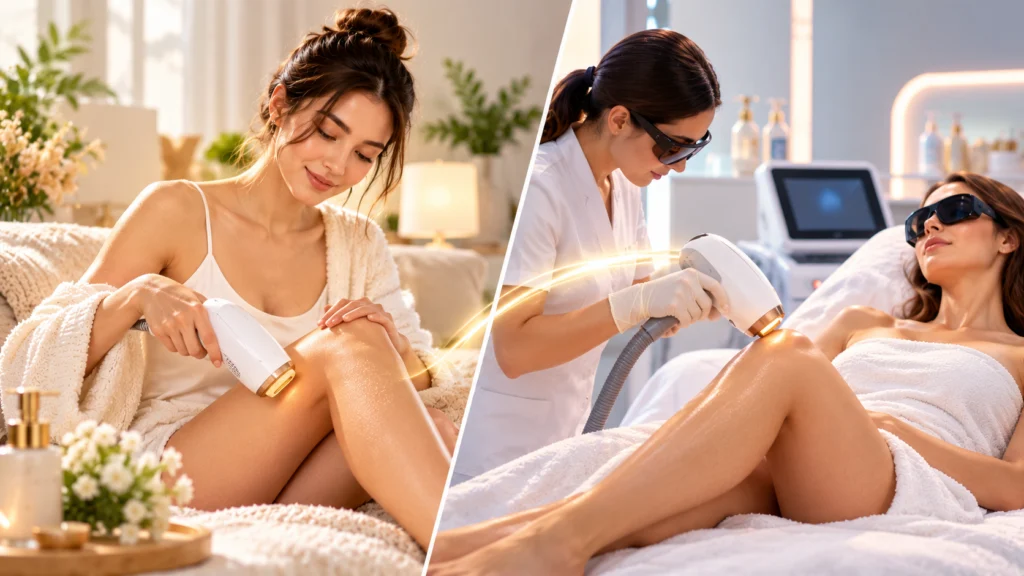 At-home IPL vs laser hair removal comparison showing a woman using an IPL device at home and a professional laser treatment in a clinic